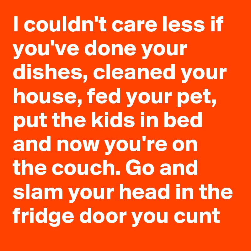 I couldn't care less if you've done your dishes, cleaned your house, fed your pet, put the kids in bed and now you're on the couch. Go and slam your head in the fridge door you cunt