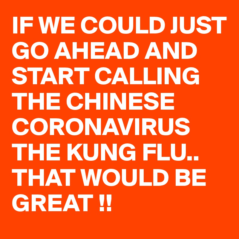 IF WE COULD JUST GO AHEAD AND START CALLING THE CHINESE CORONAVIRUS  THE KUNG FLU..
THAT WOULD BE GREAT !!