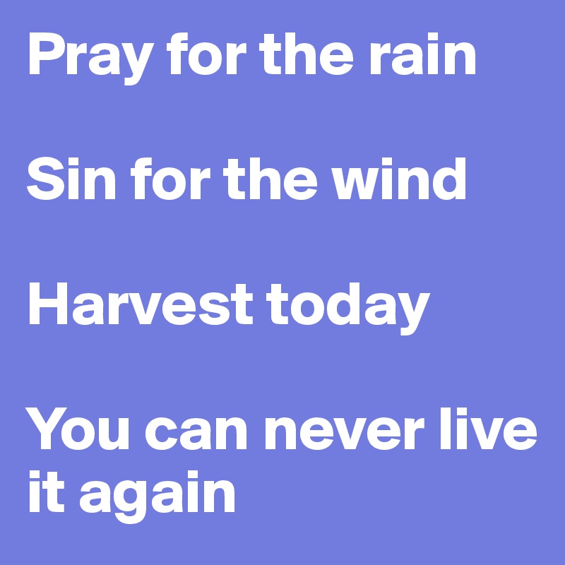 Pray for the rain

Sin for the wind

Harvest today

You can never live it again