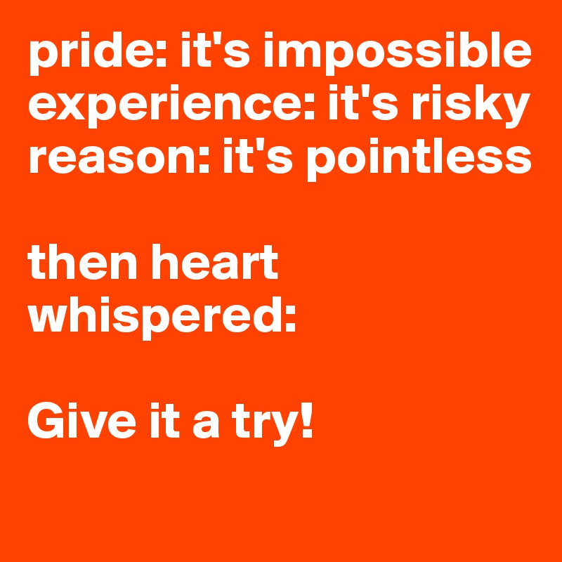 pride: it's impossible
experience: it's risky
reason: it's pointless

then heart whispered: 

Give it a try!