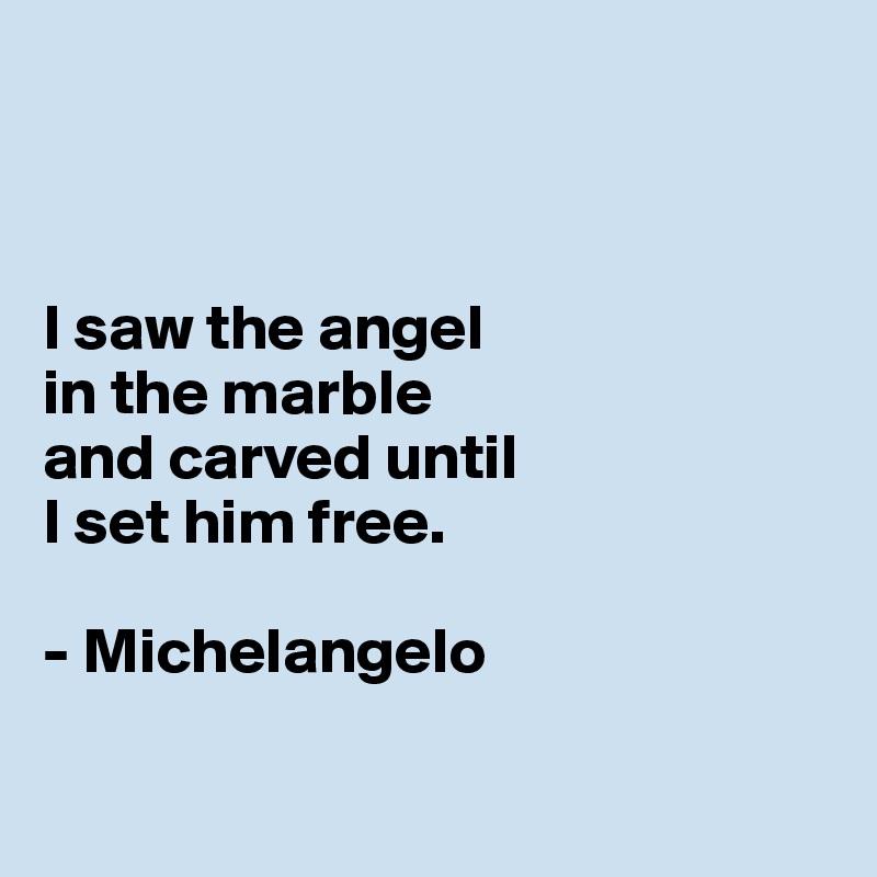 



I saw the angel 
in the marble 
and carved until 
I set him free. 

- Michelangelo

