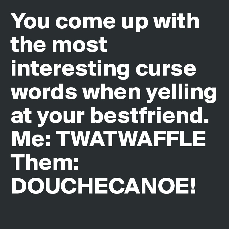 You come up with the most interesting curse words when yelling at your bestfriend. 
Me: TWATWAFFLE
Them: DOUCHECANOE!