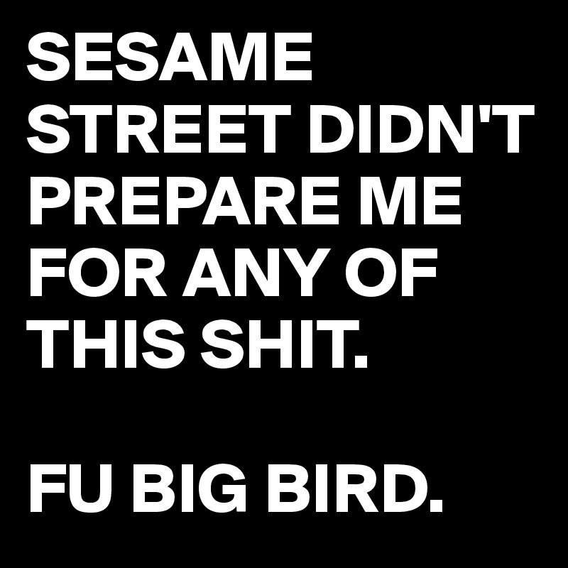 SESAME STREET DIDN'T PREPARE ME FOR ANY OF THIS SHIT.

FU BIG BIRD.