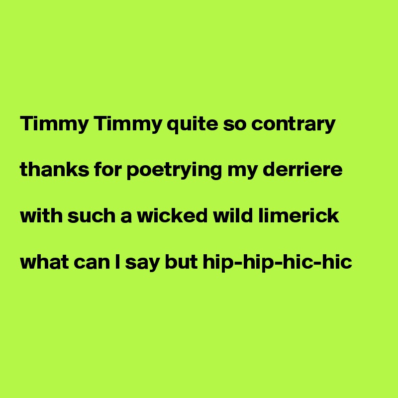 



Timmy Timmy quite so contrary

thanks for poetrying my derriere

with such a wicked wild limerick

what can I say but hip-hip-hic-hic



