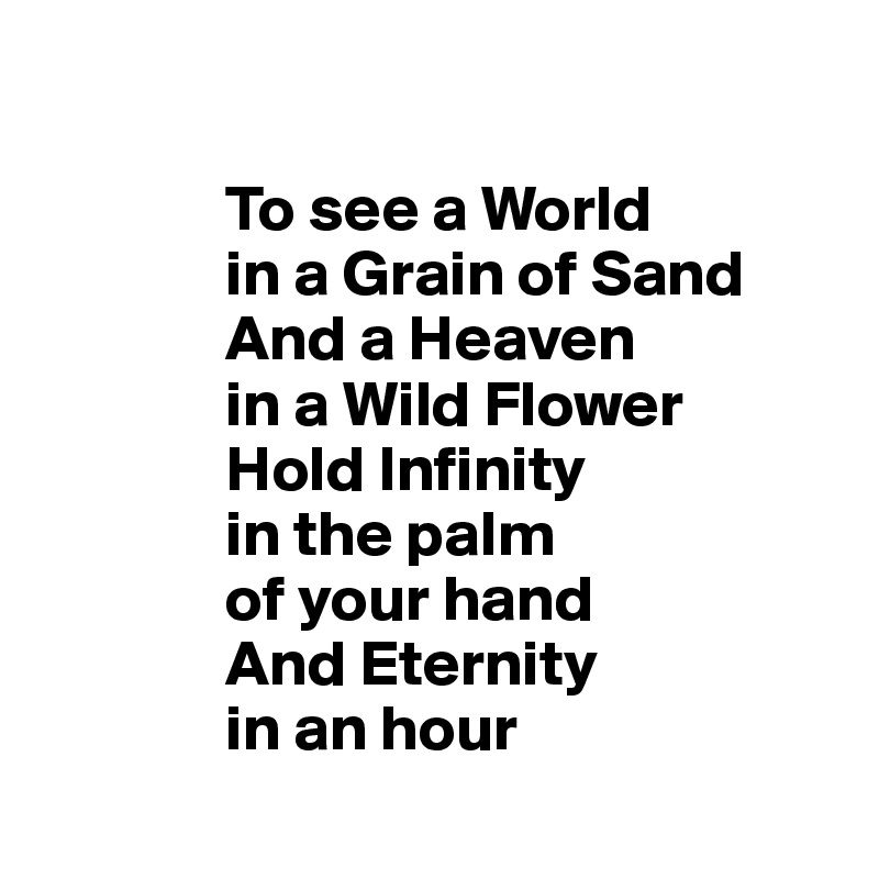 

              To see a World 
              in a Grain of Sand
              And a Heaven 
              in a Wild Flower
              Hold Infinity
              in the palm
              of your hand
              And Eternity
              in an hour
