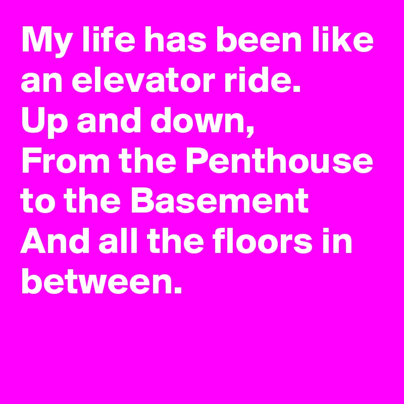 My life has been like an elevator ride. 
Up and down,
From the Penthouse to the Basement 
And all the floors in between.
