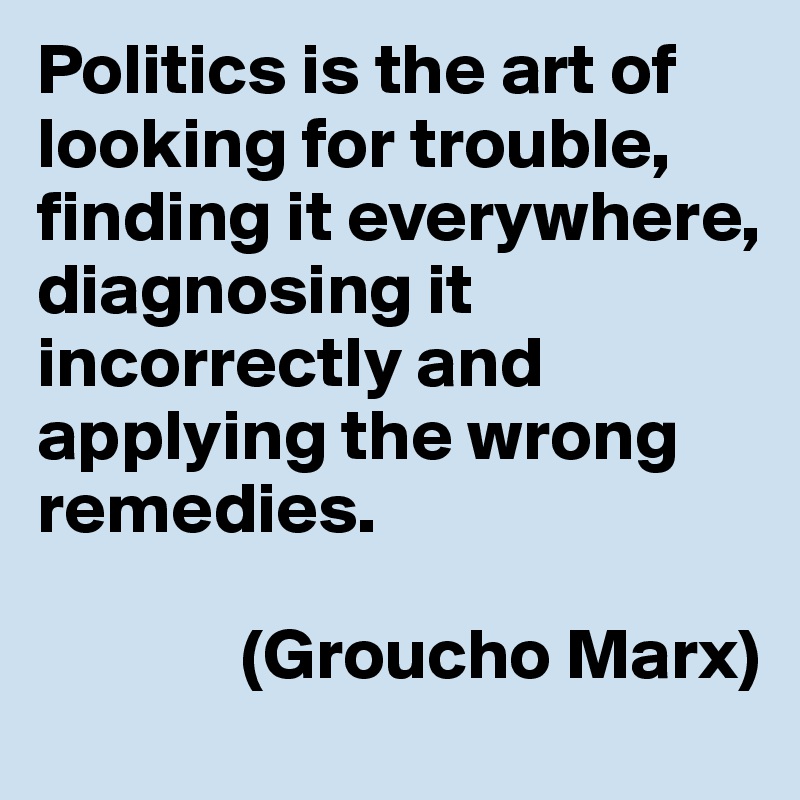 Politics is the art of looking for trouble, finding it everywhere, diagnosing it incorrectly and applying the wrong remedies. 

              (Groucho Marx)