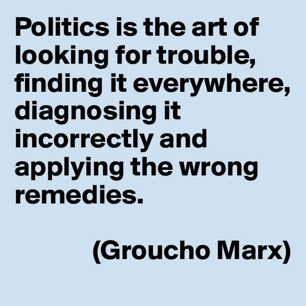 Politics is the art of looking for trouble, finding it everywhere, diagnosing it incorrectly and applying the wrong remedies. 

              (Groucho Marx)