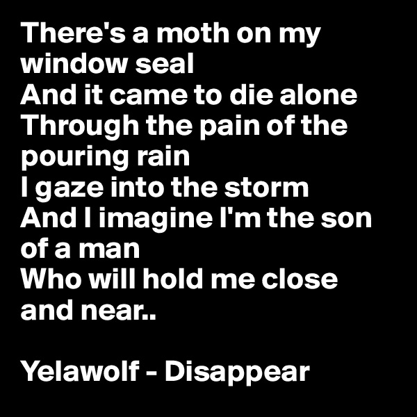 There's a moth on my window seal
And it came to die alone
Through the pain of the pouring rain
I gaze into the storm 
And I imagine I'm the son of a man 
Who will hold me close and near..

Yelawolf - Disappear