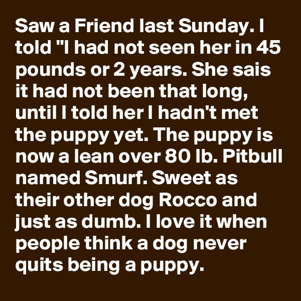 Saw a Friend last Sunday. I told "I had not seen her in 45 pounds or 2 years. She sais it had not been that long, until I told her I hadn't met the puppy yet. The puppy is now a lean over 80 lb. Pitbull named Smurf. Sweet as their other dog Rocco and just as dumb. I love it when people think a dog never quits being a puppy.