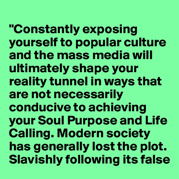 
"Constantly exposing yourself to popular culture and the mass media will ultimately shape your reality tunnel in ways that are not necessarily conducive to achieving your Soul Purpose and Life Calling. Modern society has generally lost the plot. Slavishly following its false 