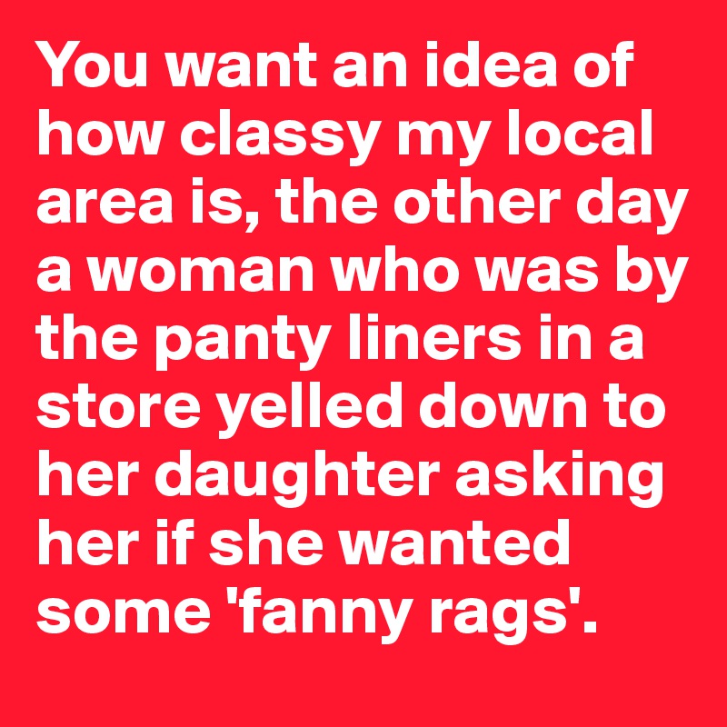 You want an idea of how classy my local area is, the other day a woman who was by the panty liners in a store yelled down to her daughter asking her if she wanted some 'fanny rags'. 