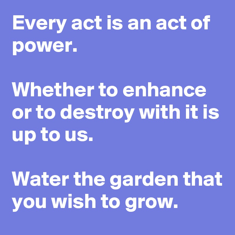 Every act is an act of power. 

Whether to enhance or to destroy with it is up to us. 

Water the garden that you wish to grow.