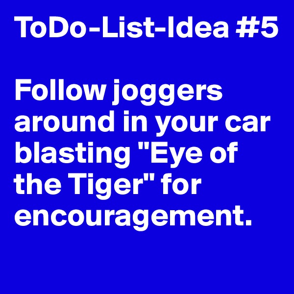 ToDo-List-Idea #5

Follow joggers around in your car blasting "Eye of the Tiger" for encouragement.
