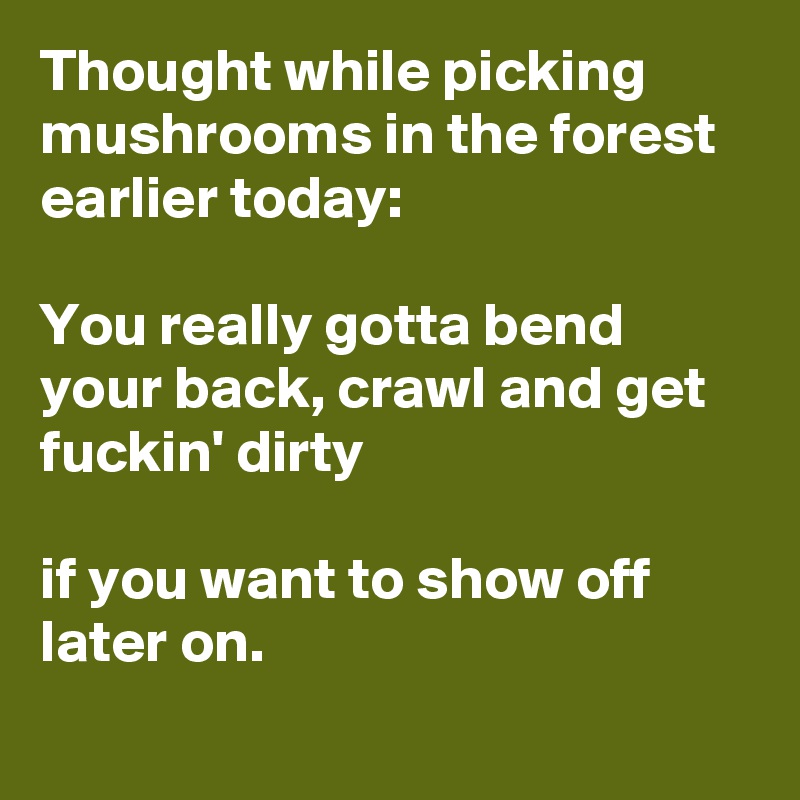 Thought while picking mushrooms in the forest earlier today:

You really gotta bend your back, crawl and get fuckin' dirty 

if you want to show off later on.
