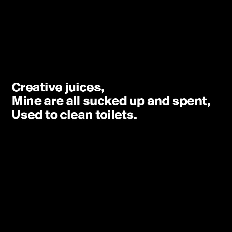 




Creative juices, 
Mine are all sucked up and spent, 
Used to clean toilets. 





