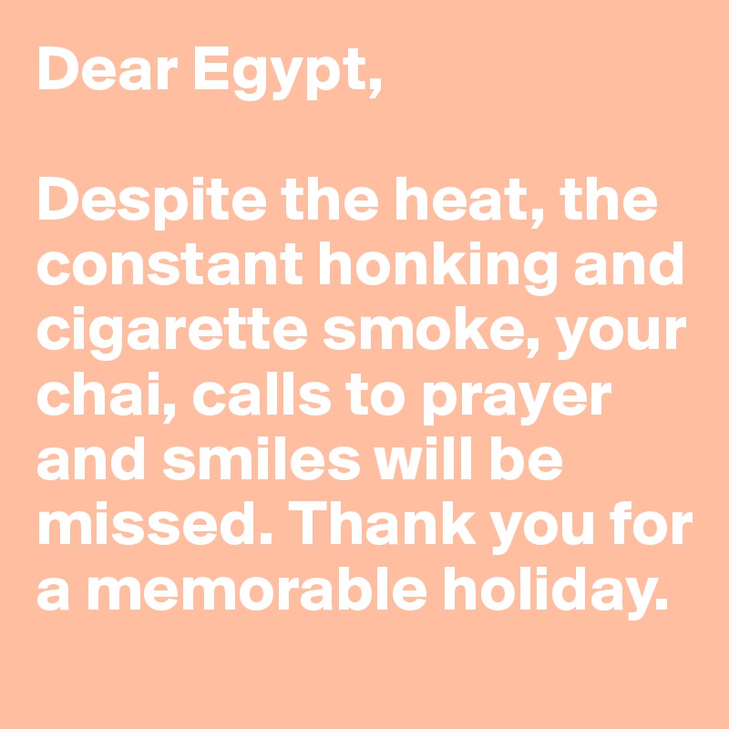 Dear Egypt,

Despite the heat, the constant honking and cigarette smoke, your chai, calls to prayer and smiles will be missed. Thank you for a memorable holiday.