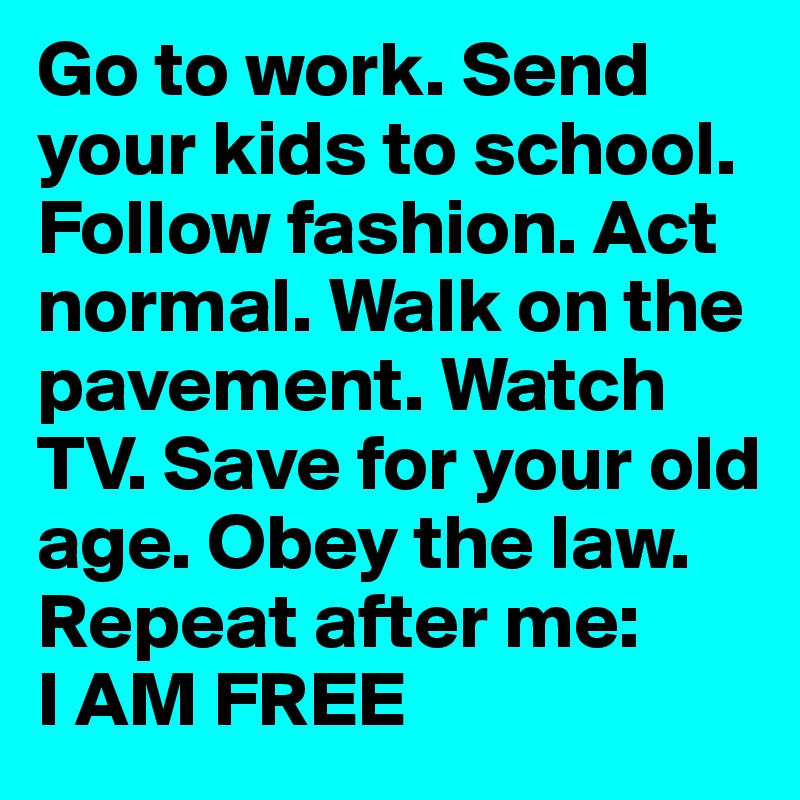 Go to work. Send your kids to school. Follow fashion. Act normal. Walk on the pavement. Watch TV. Save for your old age. Obey the law. Repeat after me: 
I AM FREE
