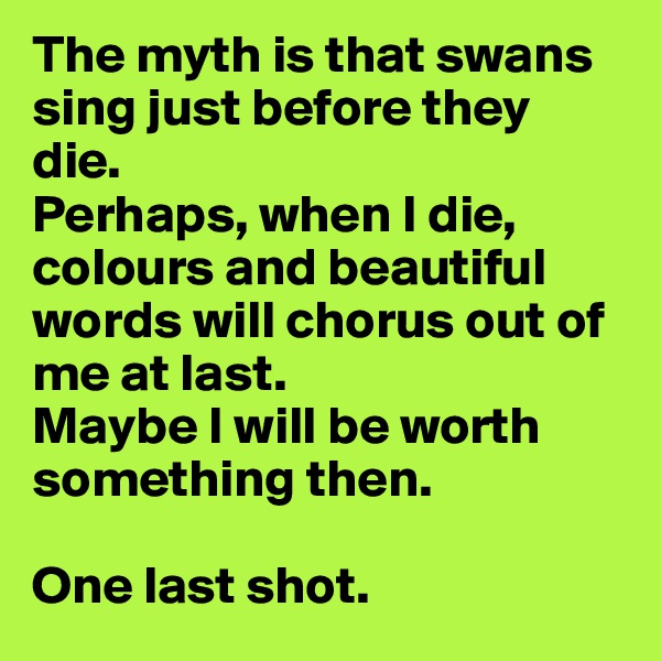 The myth is that swans sing just before they die. 
Perhaps, when I die, colours and beautiful words will chorus out of me at last.
Maybe I will be worth 
something then. 

One last shot.