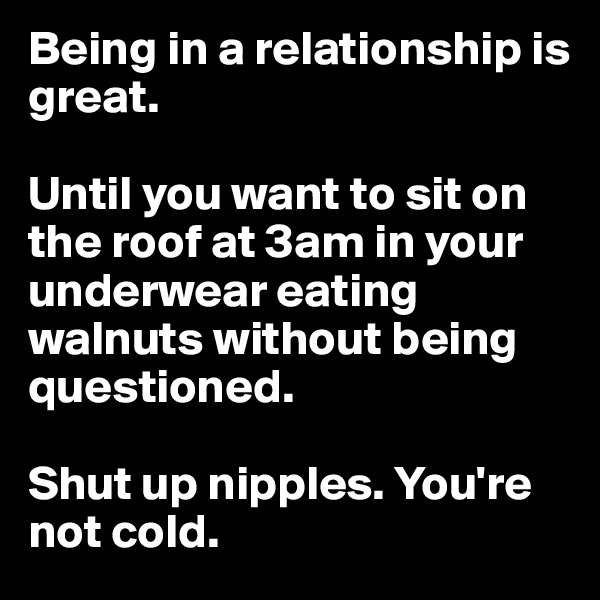 Being in a relationship is great.

Until you want to sit on the roof at 3am in your underwear eating walnuts without being questioned.

Shut up nipples. You're not cold.