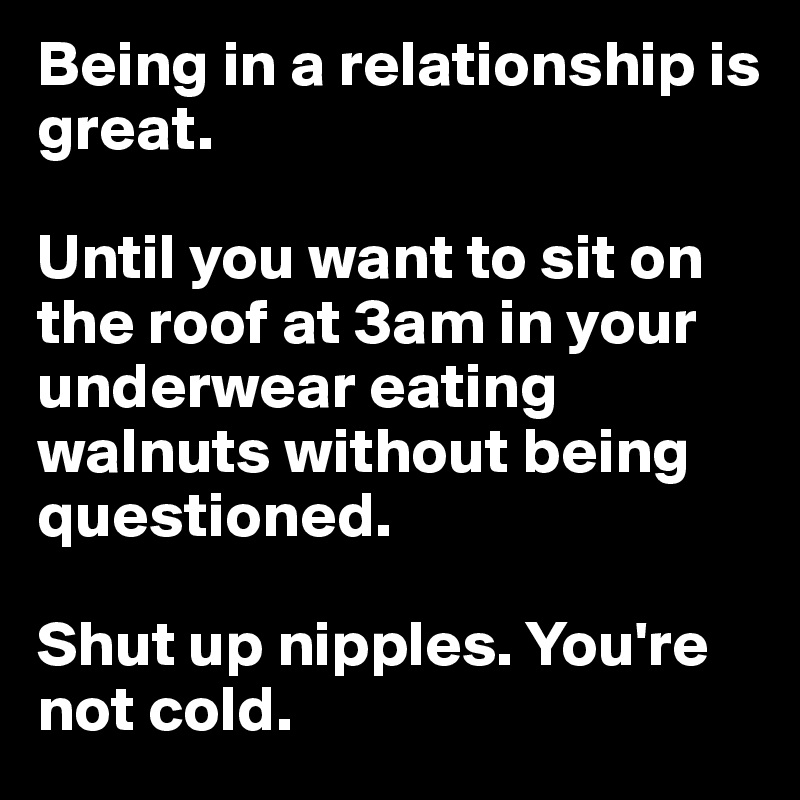 Being in a relationship is great.

Until you want to sit on the roof at 3am in your underwear eating walnuts without being questioned.

Shut up nipples. You're not cold.