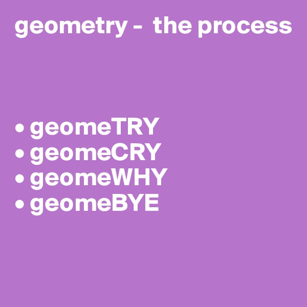 geometry -  the process



• geomeTRY
• geomeCRY
• geomeWHY
• geomeBYE

