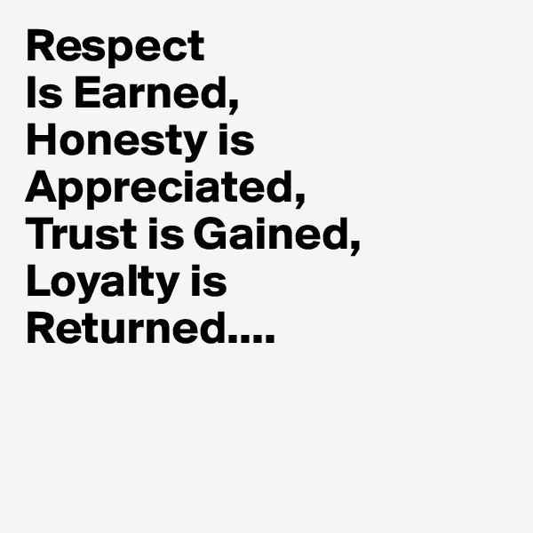 Respect
Is Earned,
Honesty is Appreciated,
Trust is Gained,
Loyalty is
Returned....


