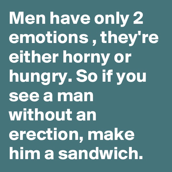 Men have only 2 emotions , they're either horny or hungry. So if you see a man without an erection, make him a sandwich.  