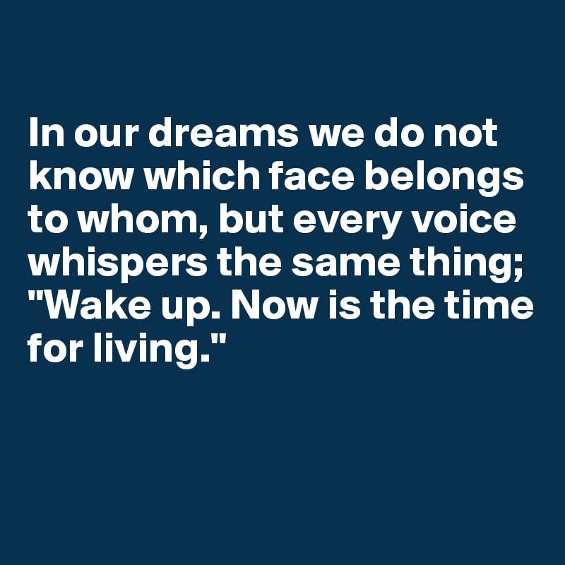 

In our dreams we do not know which face belongs to whom, but every voice whispers the same thing; "Wake up. Now is the time
for living."


