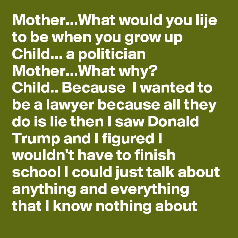 Mother...What would you lije to be when you grow up
Child... a politician
Mother...What why?
Child.. Because  I wanted to be a lawyer because all they do is lie then I saw Donald Trump and I figured I wouldn't have to finish school I could just talk about anything and everything that I know nothing about