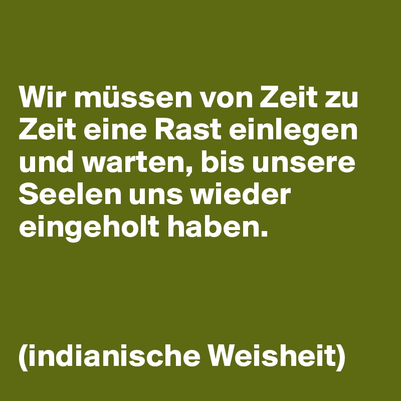 

Wir müssen von Zeit zu Zeit eine Rast einlegen und warten, bis unsere Seelen uns wieder eingeholt haben.



(indianische Weisheit)