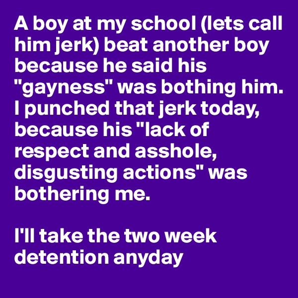 A boy at my school (lets call him jerk) beat another boy because he said his "gayness" was bothing him. 
I punched that jerk today, because his "lack of respect and asshole, disgusting actions" was bothering me. 

I'll take the two week detention anyday