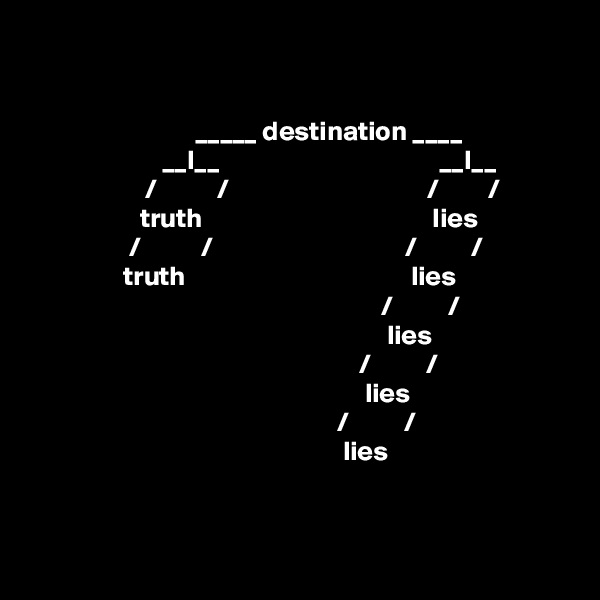 


                              _____ destination ____
                        __I__                                        __I__
                     /           /                                    /         /   
                    truth                                          lies
                  /           /                                   /          /
                 truth                                         lies
                                                                /          /
                                                                 lies 
                                                            /          /
                                                             lies
                                                        /          /
                                                         lies
                                                


