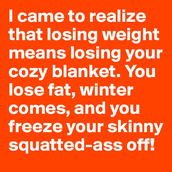 I came to realize that losing weight means losing your cozy blanket. You lose fat, winter comes, and you freeze your skinny squatted-ass off!