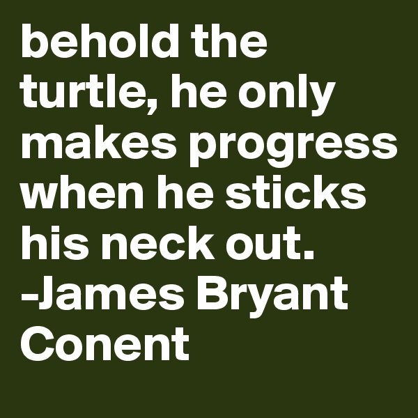 behold the turtle, he only makes progress when he sticks his neck out. 
-James Bryant Conent 