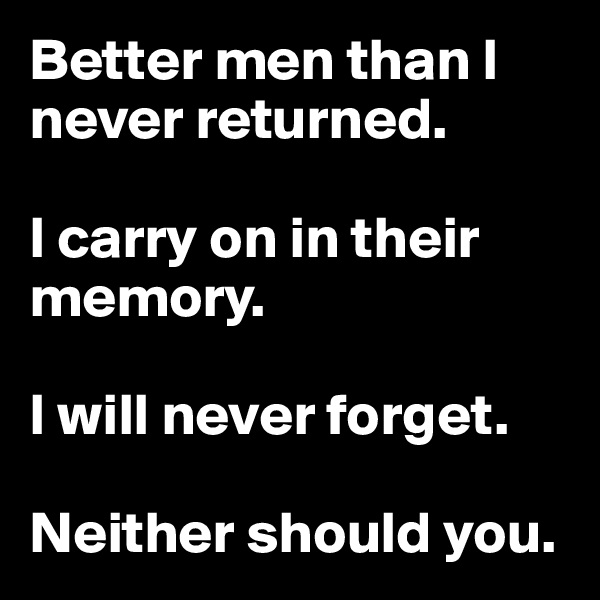 Better men than I never returned.

I carry on in their memory.

I will never forget.

Neither should you.