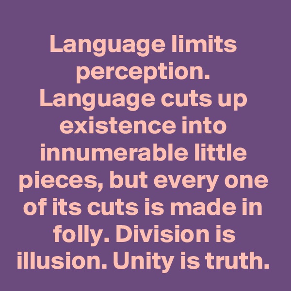 Language limits perception. Language cuts up existence into innumerable little pieces, but every one of its cuts is made in folly. Division is illusion. Unity is truth.