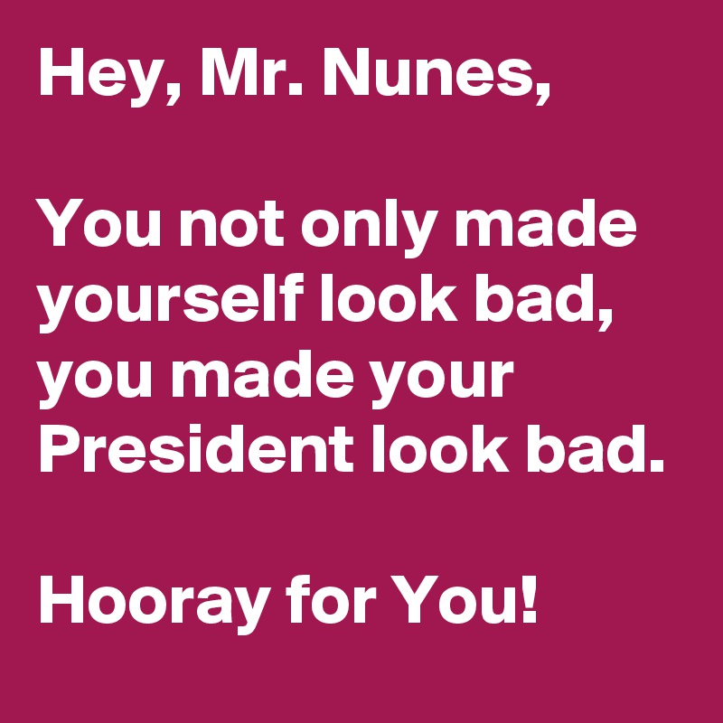 Hey, Mr. Nunes,

You not only made yourself look bad, you made your President look bad.

Hooray for You!