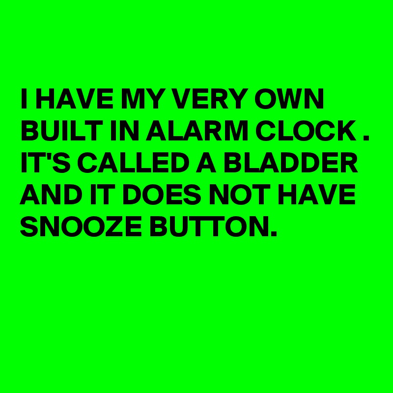 

I HAVE MY VERY OWN BUILT IN ALARM CLOCK .
IT'S CALLED A BLADDER AND IT DOES NOT HAVE SNOOZE BUTTON. 


