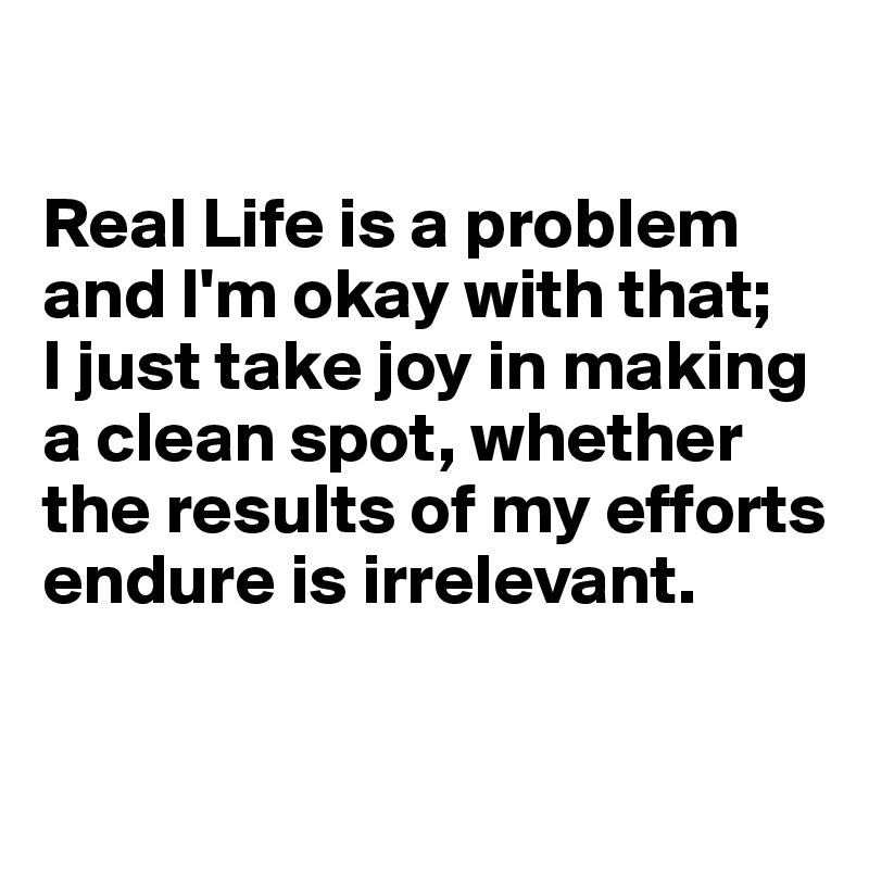

Real Life is a problem and I'm okay with that; 
I just take joy in making a clean spot, whether the results of my efforts endure is irrelevant.


