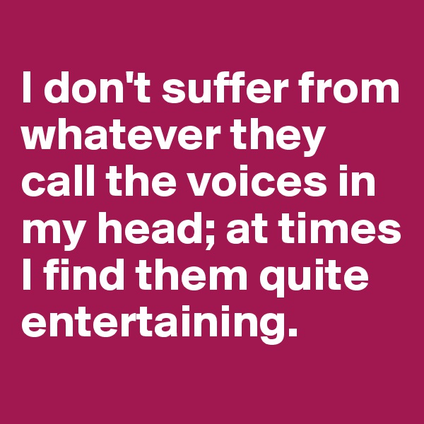 
I don't suffer from whatever they call the voices in my head; at times I find them quite entertaining.
