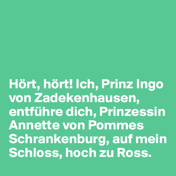 




Hört, hört! Ich, Prinz Ingo von Zadekenhausen, entführe dich, Prinzessin Annette von Pommes Schrankenburg, auf mein Schloss, hoch zu Ross.