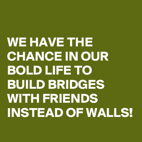 

WE HAVE THE CHANCE IN OUR BOLD LIFE TO BUILD BRIDGES WITH FRIENDS INSTEAD OF WALLS!
