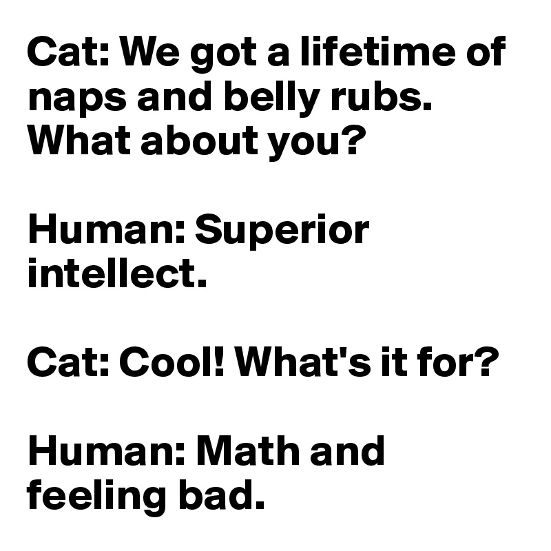 Cat: We got a lifetime of naps and belly rubs. What about you? 

Human: Superior intellect.

Cat: Cool! What's it for? 

Human: Math and feeling bad. 