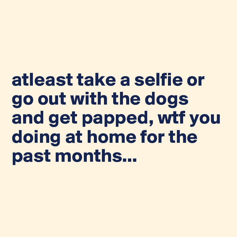 


atleast take a selfie or go out with the dogs and get papped, wtf you doing at home for the past months...


