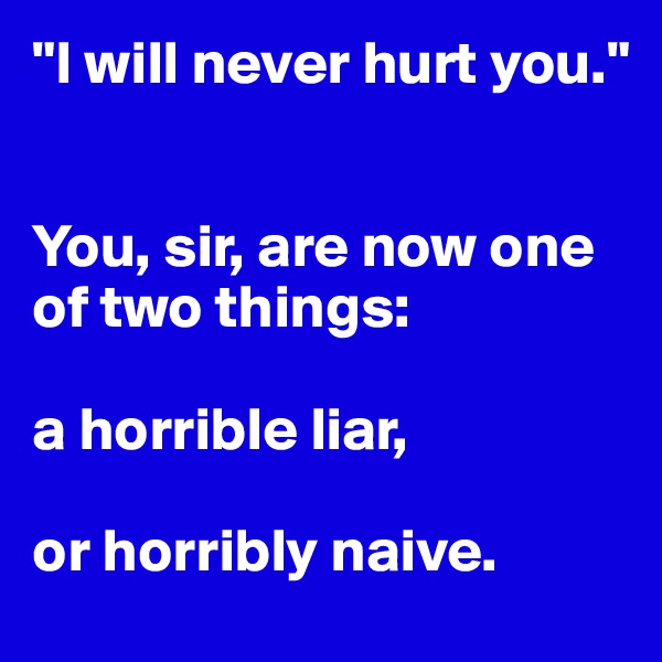 "I will never hurt you."


You, sir, are now one of two things: 

a horrible liar, 

or horribly naive. 