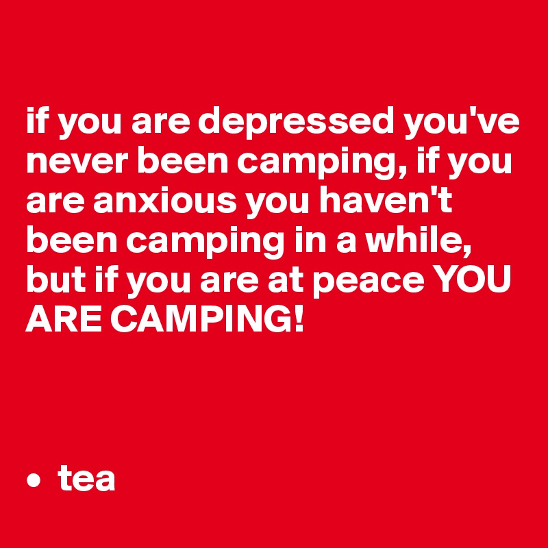 

if you are depressed you've never been camping, if you are anxious you haven't been camping in a while, but if you are at peace YOU ARE CAMPING! 



•  tea