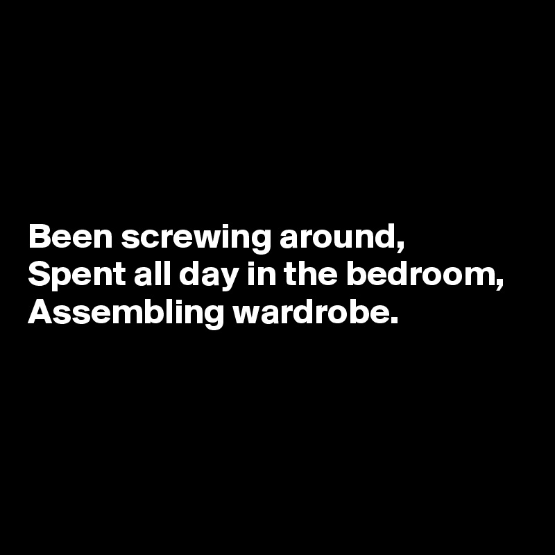 




Been screwing around,
Spent all day in the bedroom,
Assembling wardrobe.




