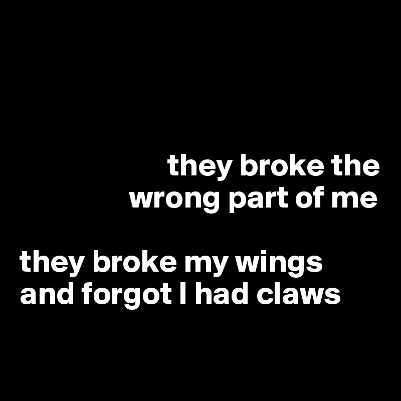 



                       they broke the  
                 wrong part of me

they broke my wings and forgot I had claws

