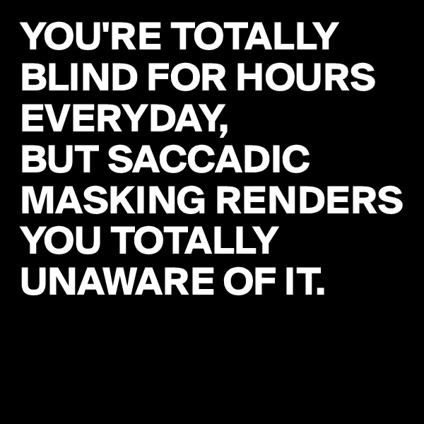 YOU'RE TOTALLY BLIND FOR HOURS EVERYDAY,
BUT SACCADIC MASKING RENDERS YOU TOTALLY UNAWARE OF IT.

